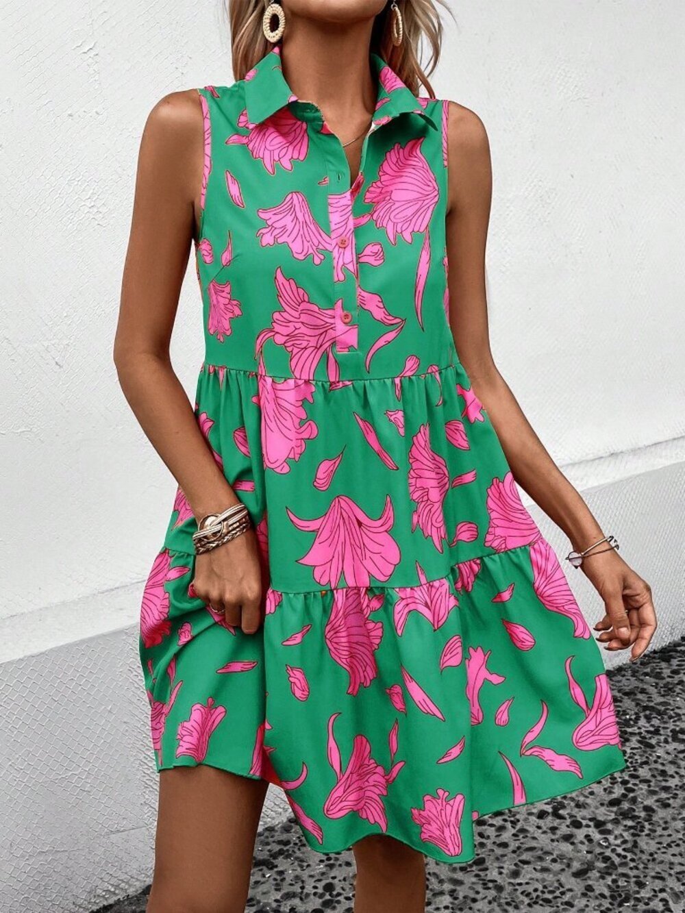 Green Cute Women's Floral Print Ruffle Hem Smock Dress